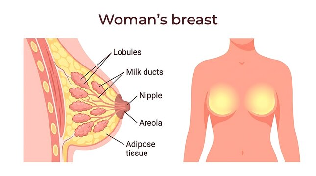 Anatomical cross section of female breast with internal structure labels