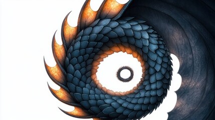 Fototapeta premium Mesmerizing spiral vortex of blue scaled plates with glowing orange edges and a bright central ring on a stark white background