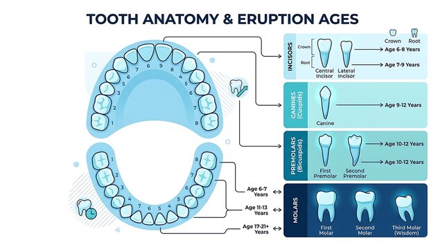Dental anatomy and tooth eruption ages educational medical chart with eruption