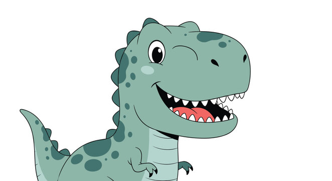 Friendly green cartoon tyrannosaurus rex dinosaur smiles and winks, showing sharp teeth and dark spots on its skin.
