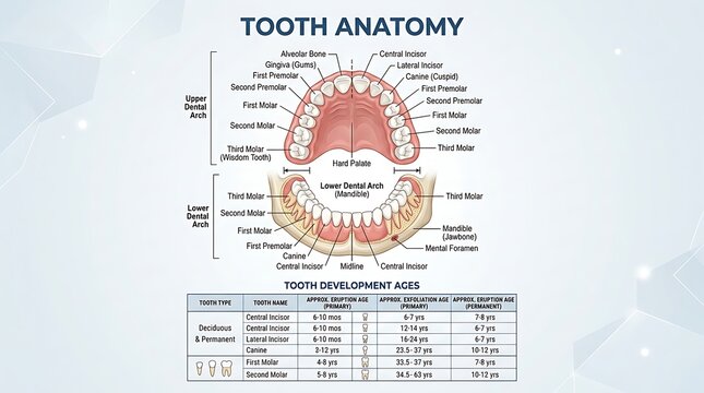Dental anatomy chart showing human teeth structure and tooth eruption timeline