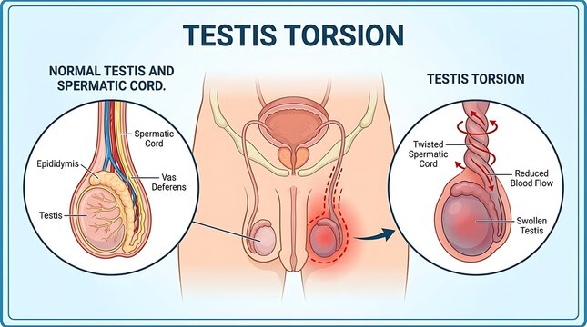 Medical illustration comparing normal testis anatomy and testicular torsion