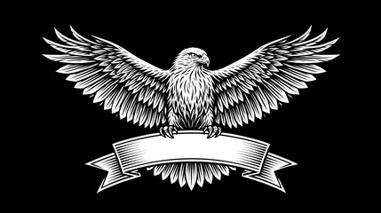 Fototapeta premium Vintage woodcut engraving style emblem of a bald eagle with open wings clutching a blank ribbon banner isolated on a black background created with Generative AI Technology, ai, generative