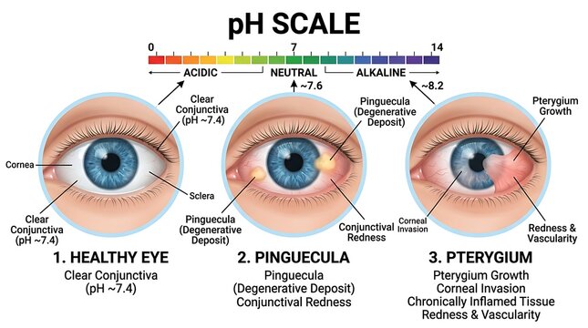 Eye conditions infographic correlating p h scale with pinguecula and pterygium
