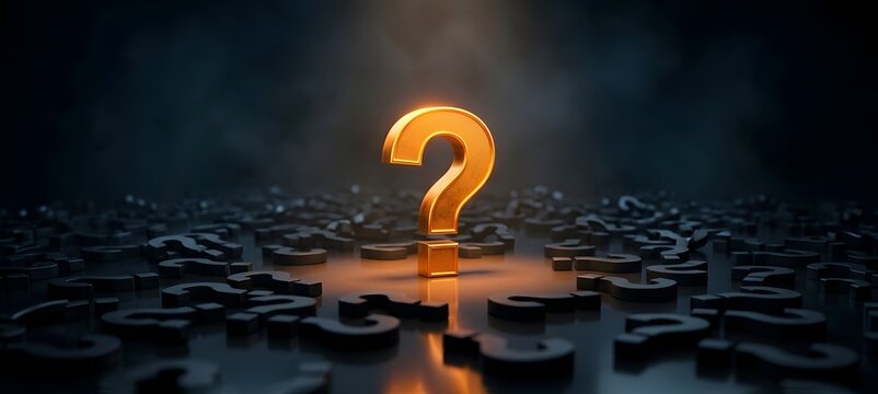 Glowing golden question mark standing out among dark symbols representing uniqueness, problem solving and finding the right solution in business