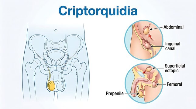 Medical illustration of cryptorchidism anatomy showing undescended testicle