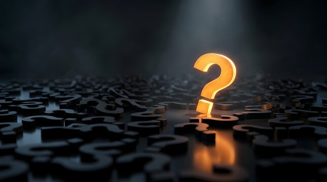 Bright golden question mark illuminated by a spotlight shining through darkness representing hope, discovery, and ultimate solution to difficult challenges