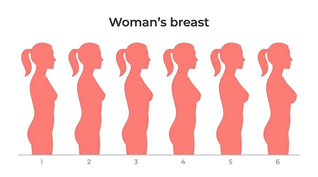 Medical chart showing various stages of woman breast development and size
