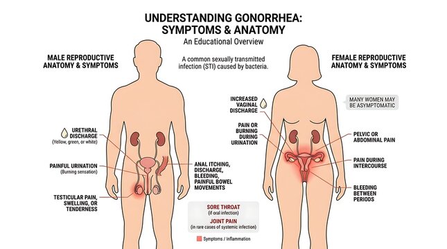 Medical infographic illustrating symptoms of gonorrhea in male and female