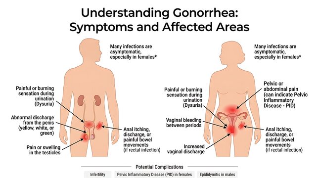 Medical infographic showing male and female human anatomy and gonorrhea symptoms