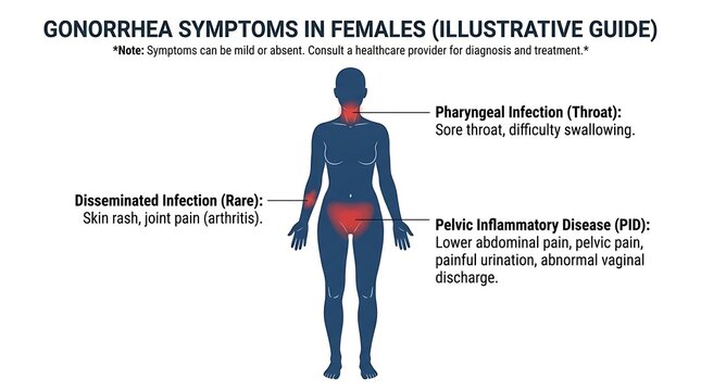 Educational medical illustration showing symptoms of gonorrhea in females