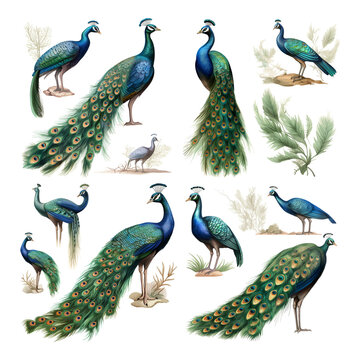 Collection of Elegant Peacock Illustrations Featuring Vibrant Plumage and Regal Postures for Decorative Nature Art