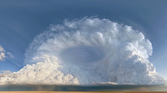 Towering supercell cloud formation with a unique circular mesocyclone shadow over a vast rural horizon, for meteorology and climate science communication