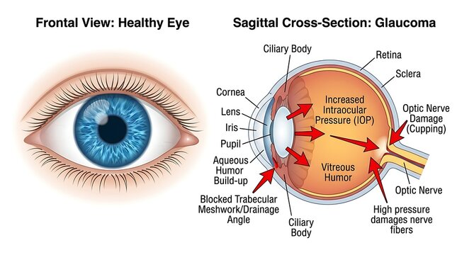 Healthy eye anatomy compared to sagittal cross section of glaucoma with glaucoma