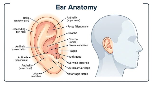 Detailed medical illustration of external ear anatomy and human profile