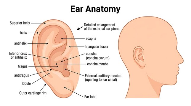 Human ear anatomy diagram with scientific labels for medical education, auditory
