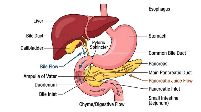 Human digestive system anatomy diagram with liver stomach and intestines