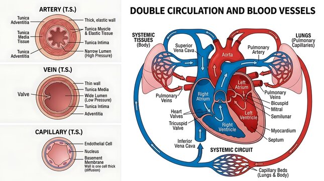 Double circulation and blood vessels anatomy diagram with circulatory, capillary