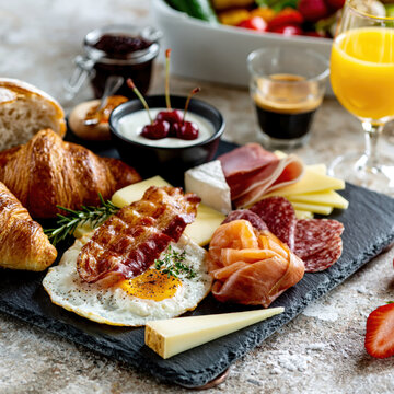 Gourmet Breakfast Platter with Coffee and Juice AI Generative