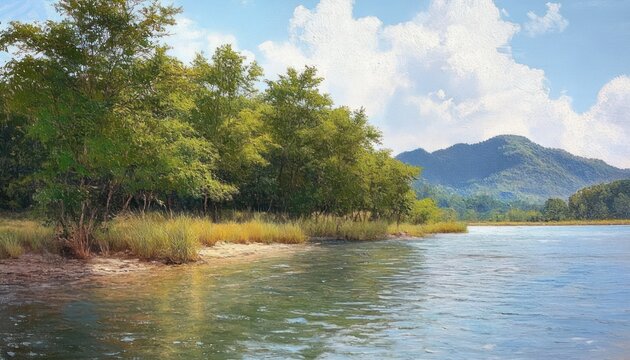 Serene riverside scene with leafy trees, grassy bank and calm blue water reflecting clouds and distant rolling hills