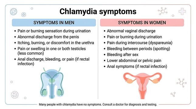 Medical infographic showing symptoms of chlamydia in men and women with symptoms