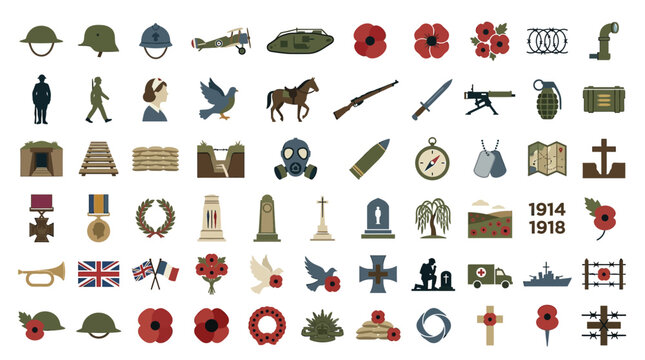 Collection of World War I and Remembrance Day icons and symbols.