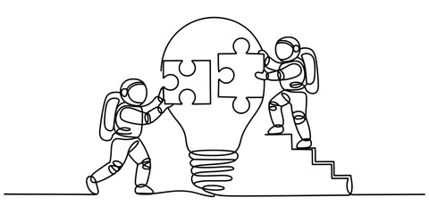 Continuous line drawing of two astronauts assembling a large light bulb puzzle as a concept for teamwork and creative innovation in space exploration Vector, illustration © Alo 2026 Arts