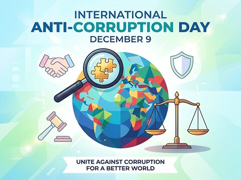 International anticorruption day celebration concept with globe justice and unity symbols illustration design