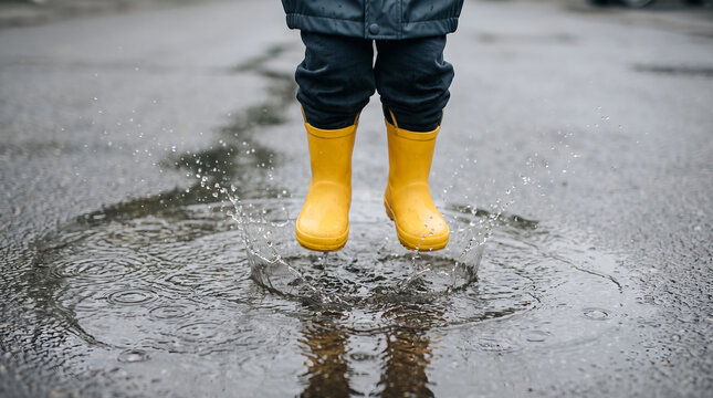 Child legs in yellow rubber rain boots, water splashing dynamically, jumping mid-air into a puddle, wet asphalt street, lifestyle photography
