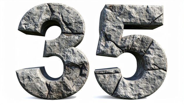 A close-up view of cracked stone numbers 35 on white background