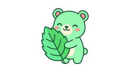 Cute Mint Bear Holding a Green Leaf, Kawaii Style © Bakso