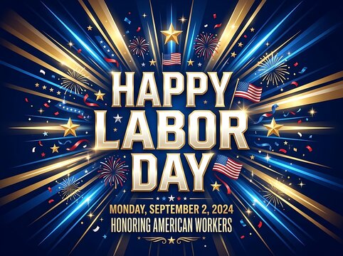 Vibrant happy labor day celebration with fireworks stars and american flags design template