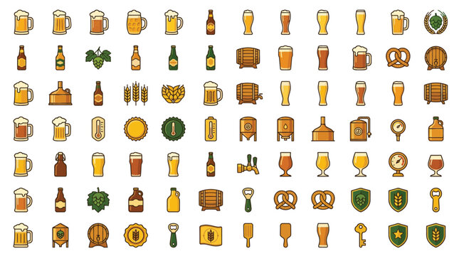 Collection of beer-related icons and symbols, including glasses, bottles, barrels, pretzels, and brewing equipment.