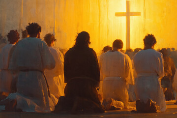 Obraz premium People Praying in Church with Glowing Cross Light – AI Generative