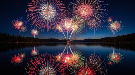 Obraz premium Bright colorful fireworks exploding over a dark calm lake