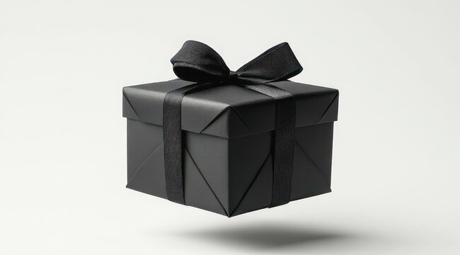 matte black square gift box with satin ribbon bow levitating above a white surface casting a soft shadow, elegant mysterious minimalist presentation