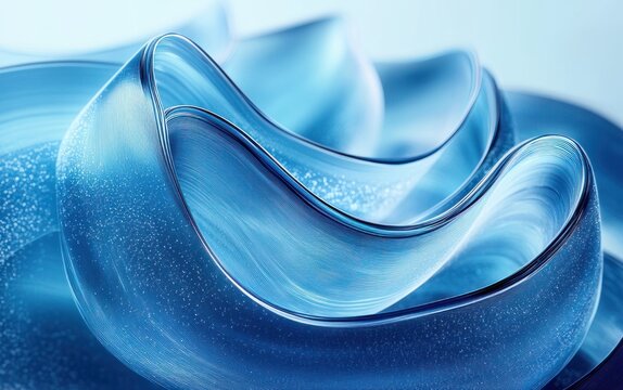 flowing translucent blue glass ribbons with glittering particles and smooth reflective curves, serene and elegant abstract waves