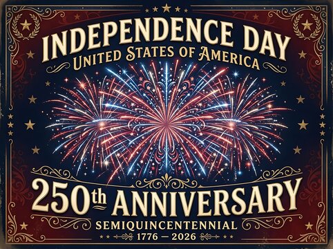 Vintage independence day celebration poster with fireworks and decorative borders for usa anniversary event