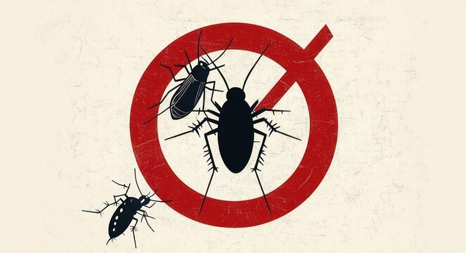 grungy warning graphic of three cockroaches and a red prohibition sign on a textured beige background conveying disgust and pest control urgency
