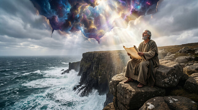 The Apostle John on the rocky island of Patmos, writing on a scroll while looking up at a terrifying, apocalyptic heavenly vision