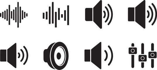 Sound wave, speaker, audio icons, black set, vector graphics © Rana