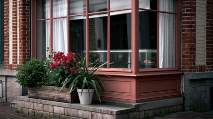 Obraz premium Urban Garden Retreat: Vibrant Red Blooms Brighten Brick Wall in Cozy City's Outdoor Oasis