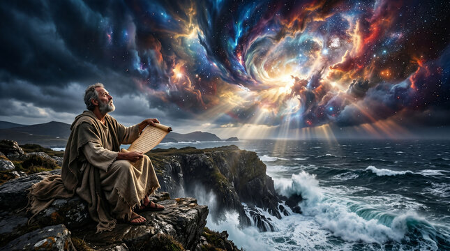 The Apostle John on the rocky island of Patmos, writing on a scroll while looking up at a terrifying, apocalyptic heavenly vision