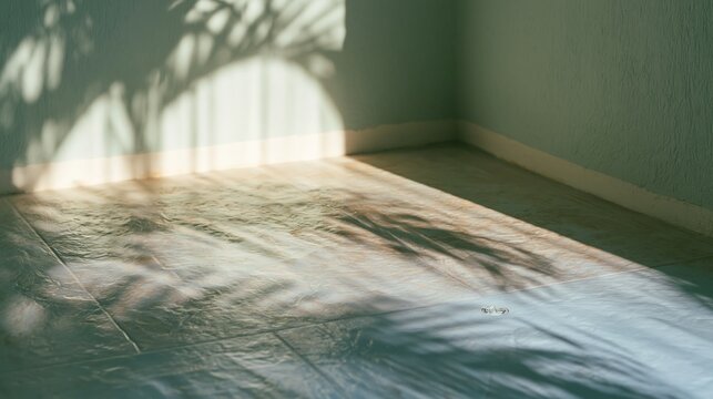 Empty room with palm leaf shadows on a blue tile floor and sage green wall, providing a breezy tropical backdrop for product placement and mockups