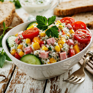 Fresh Rice Salad with Ham and Vegetables AI Generative