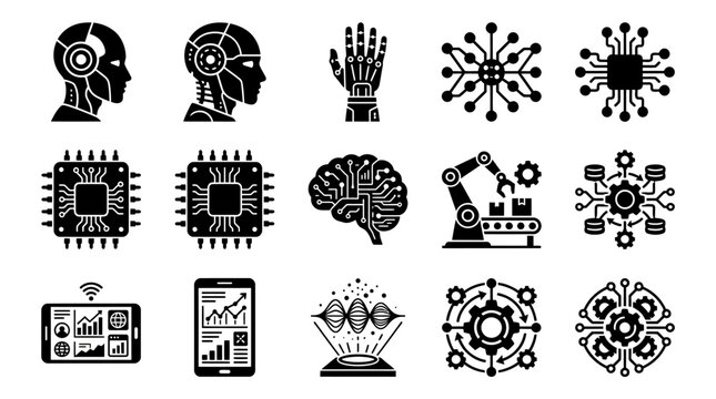 Black icons of technology and robotics.