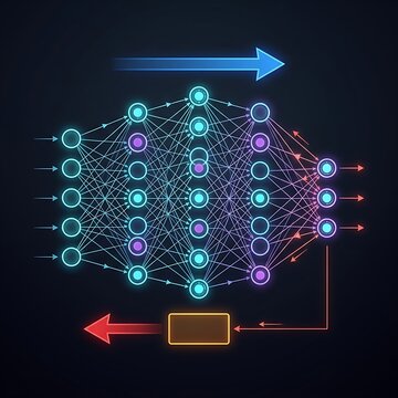 Glowing neural network architecture with machine learning flow arrows