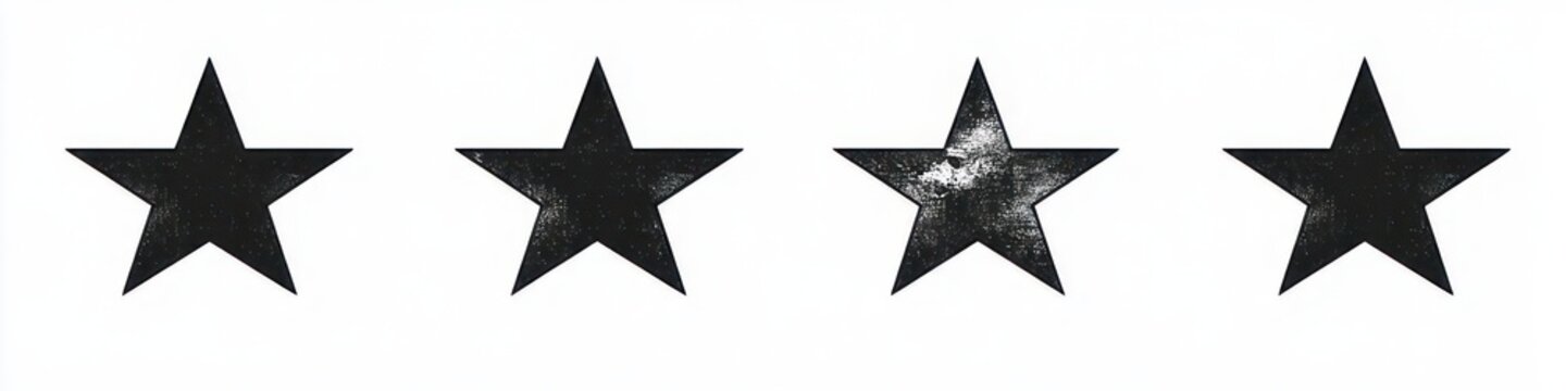 four black five-point stars in a horizontal row on white background, bold minimalist graphic with subtle worn and distressed vintage texture conveying a stark retro mood