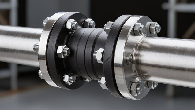 Close-up of a stainless steel industrial pipe connected with a flexible rubber expansion joint and bolted flanges