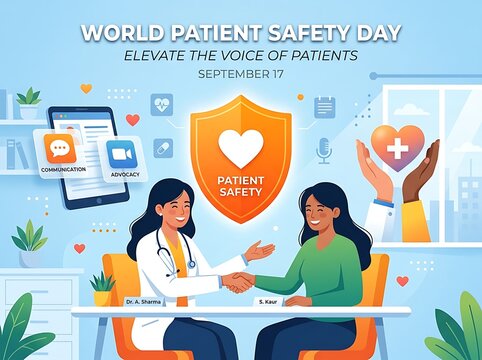 World patient safety day illustration with doctor and patient shaking hands in a friendly consultation scene
